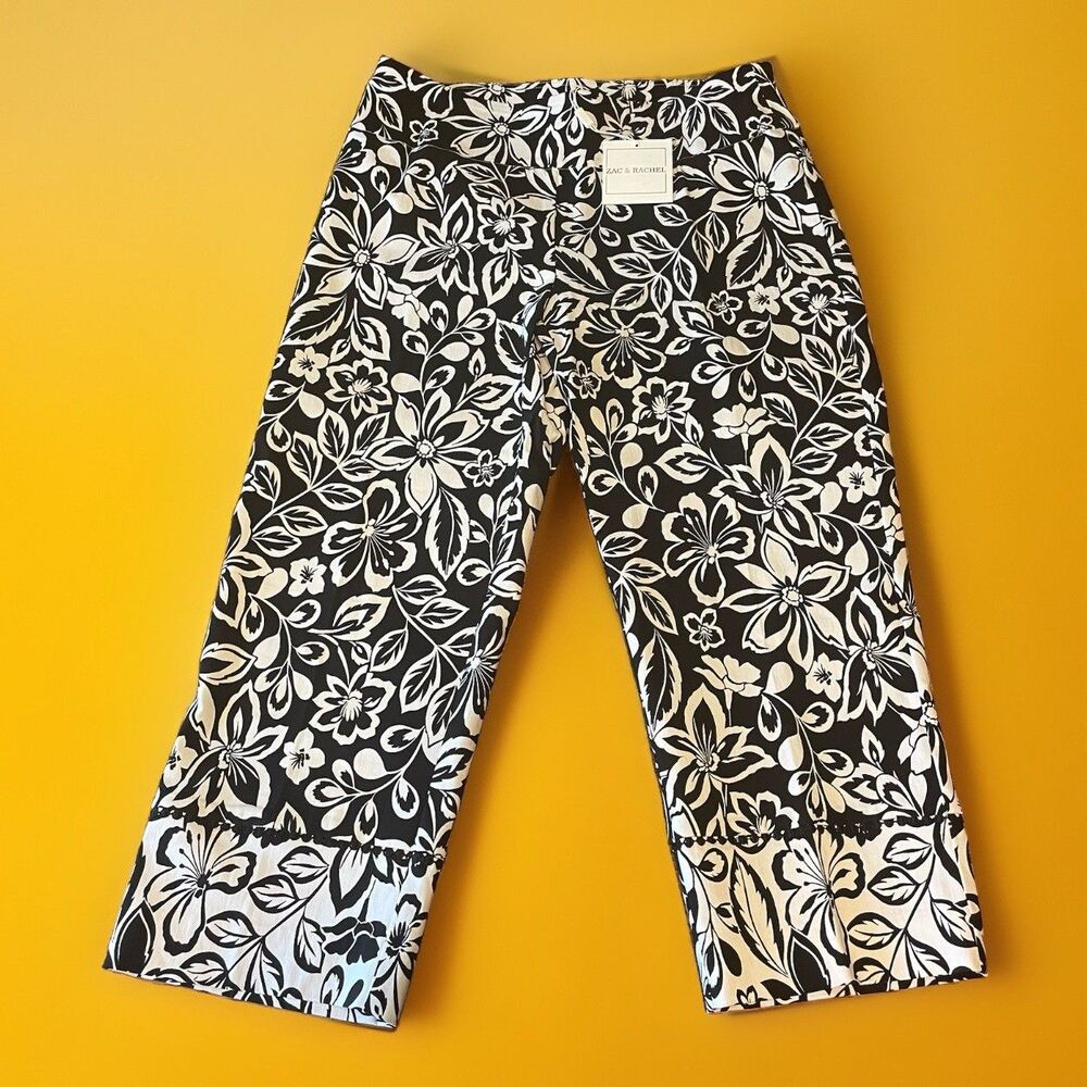 NWT Zac & Rachel Women Size 8 Black White Floral Capris Cropped Pants